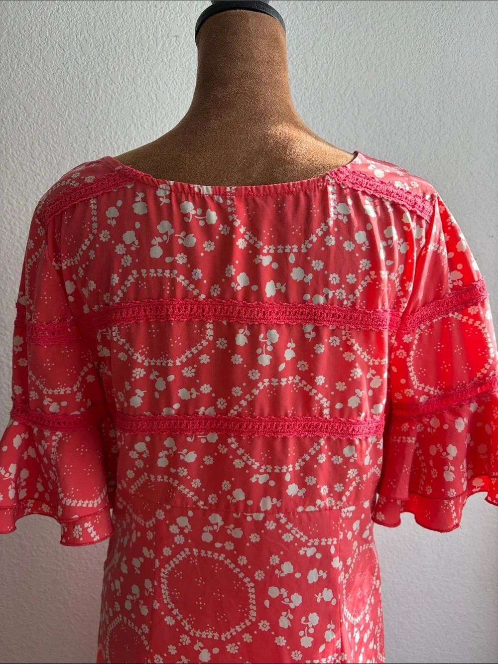 NWT Vintage Free People Mini Dress Coral Floral Sz 8 Ruffle-Sleeve MSRP $128